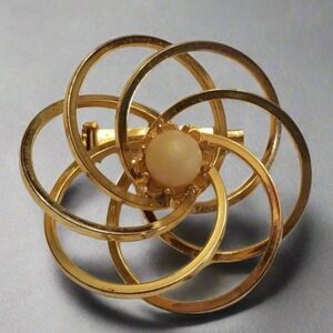 Vintage Gold Tone Circle Brooch Faux Pearl Center Geometric Mid Century Design